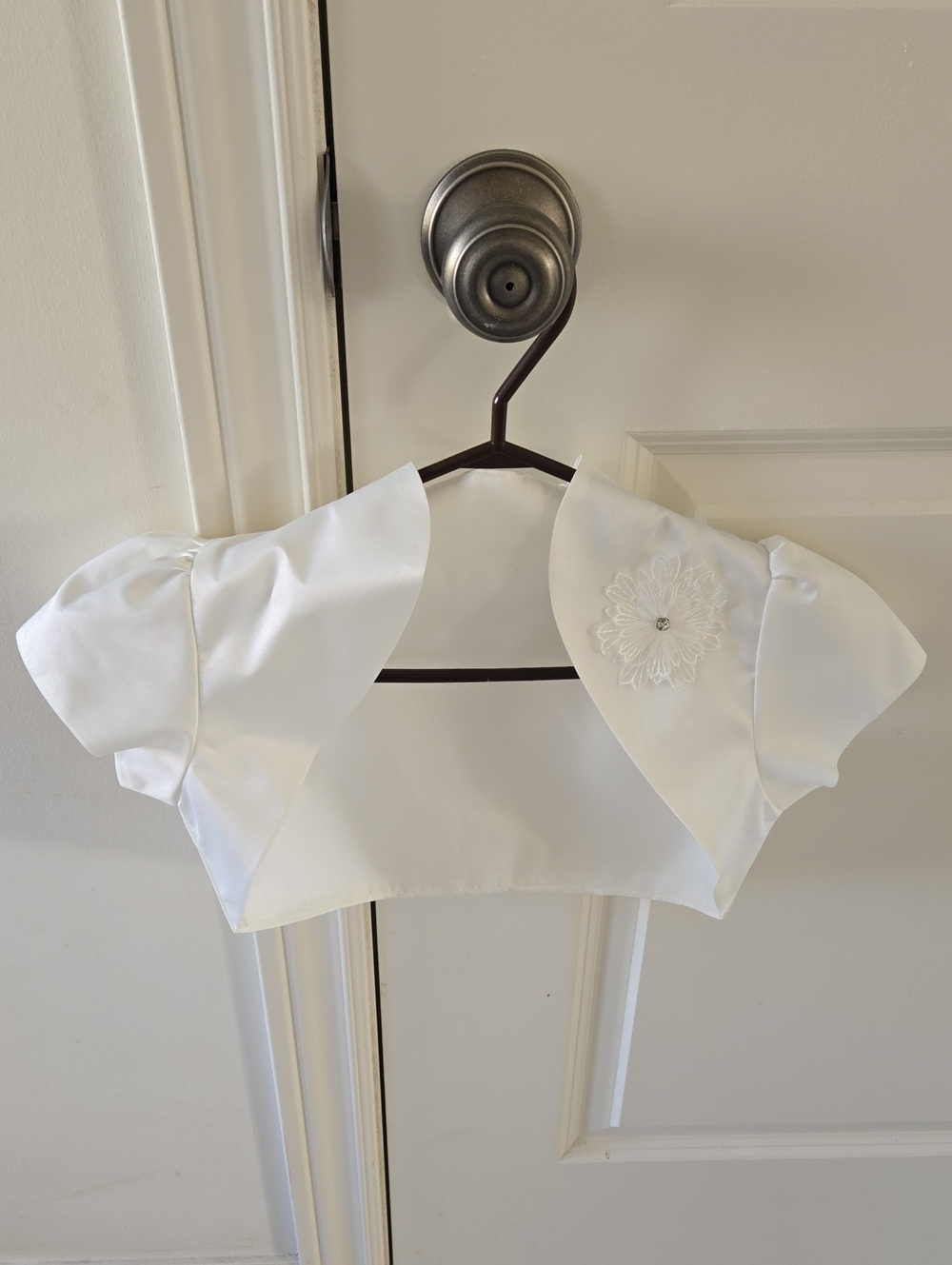 White Girls' Satin Bolero Shrug with Floral Applique